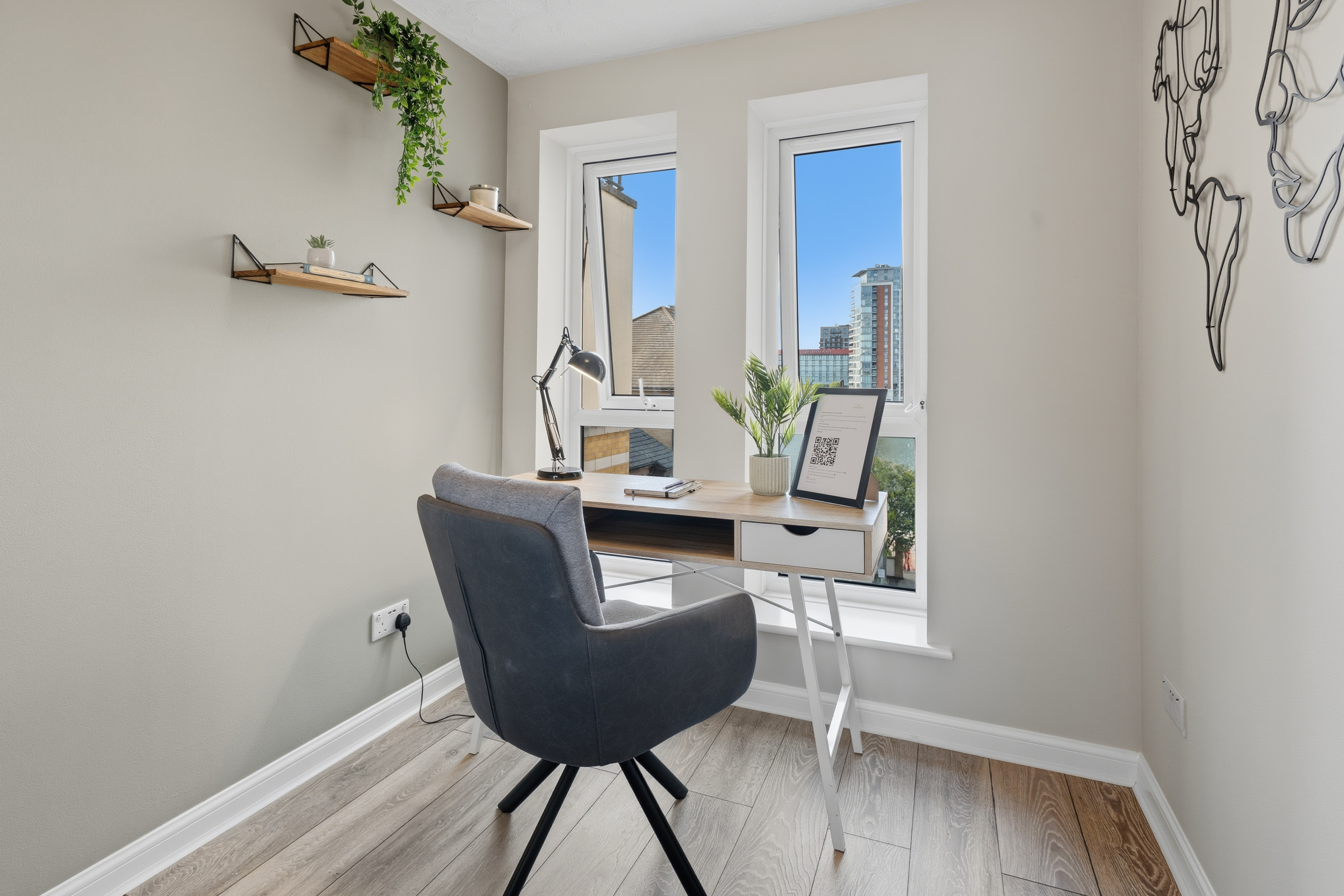 Bright home office nook with city views and natural light