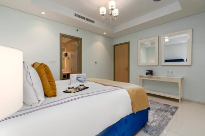 Bedroom 2 – double bed with navy headboard