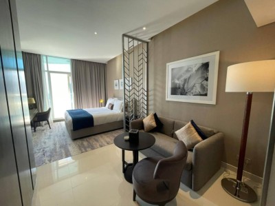 Studio living area with sofa and stylish partition
