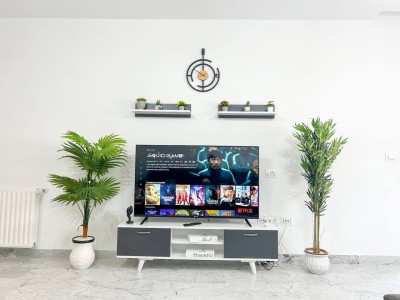 Living room with smart TV and media wall