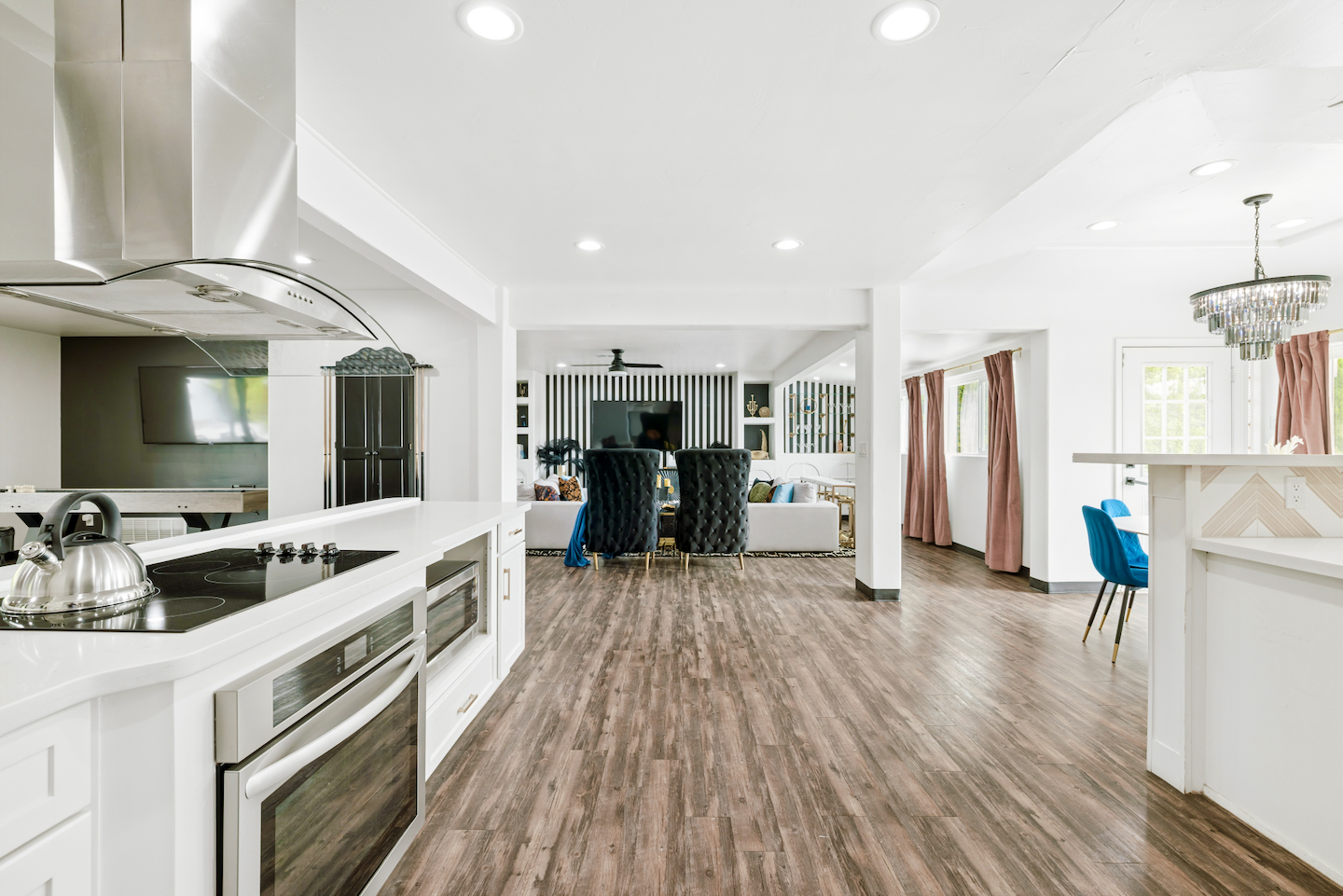 Kitchen opening to the dining and living area