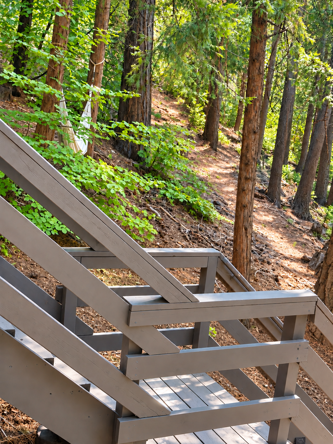 Private forest-view stairs with peaceful wooded mountain surroundings