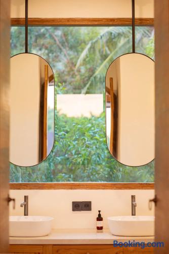 Spa-like double vanity with designer mirrors and lush garden views