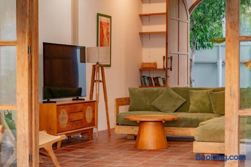 Cozy garden-view lounge with green sectional, warm wood accents, and TV