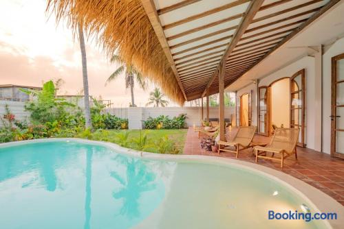 Private tropical pool patio with shaded loungers and garden views