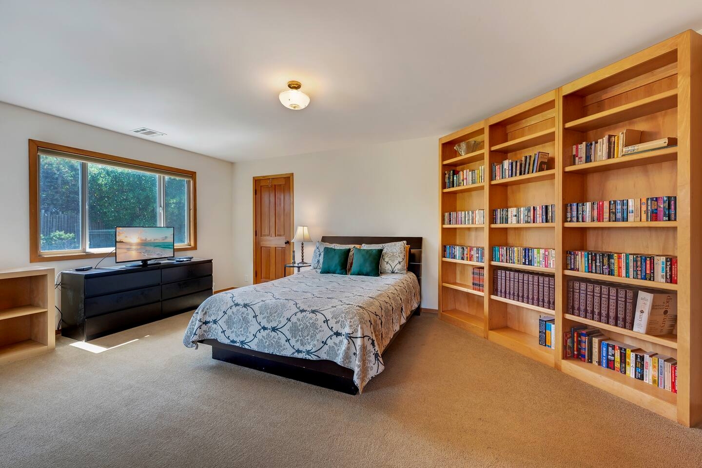 Spacious bedroom with built-in library, TV, and peaceful natural light