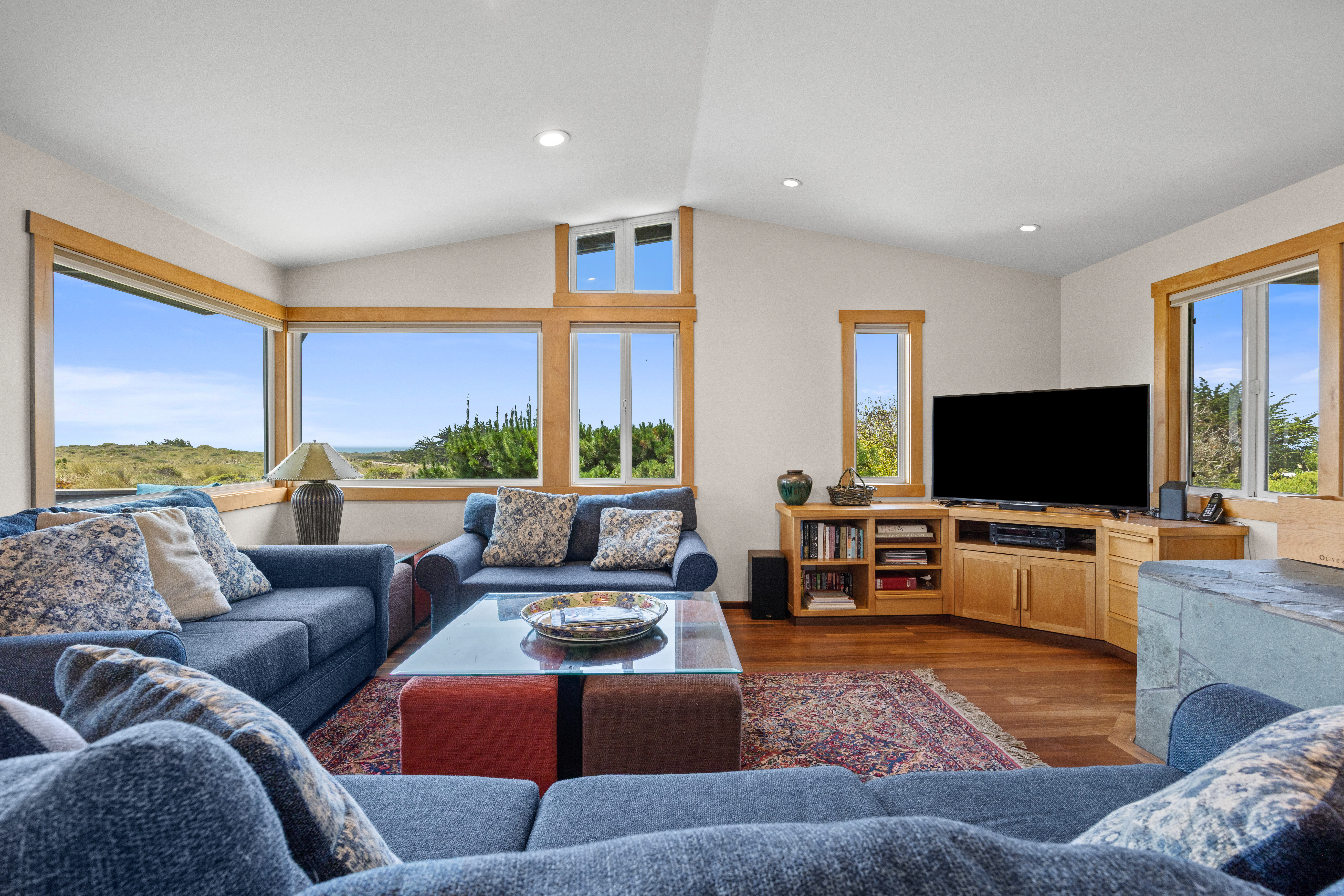 Sunlit living room with scenic views, cozy seating, and entertainment space