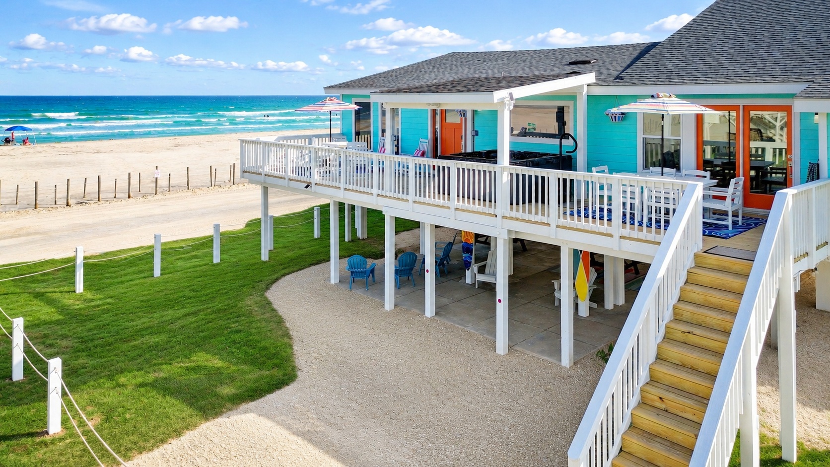 Exterior with beach access and outdoor living spaces