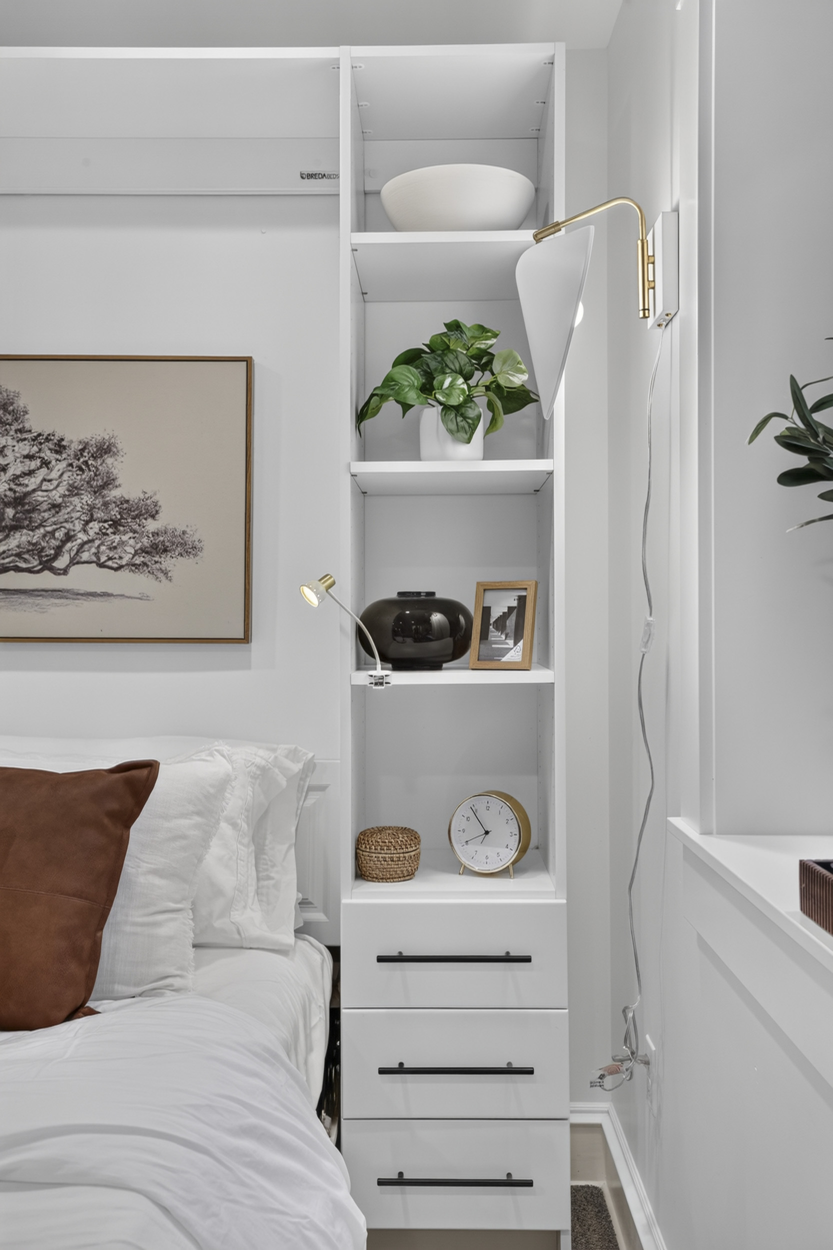 Bright bedroom nook with built-in storage and stylish modern touches