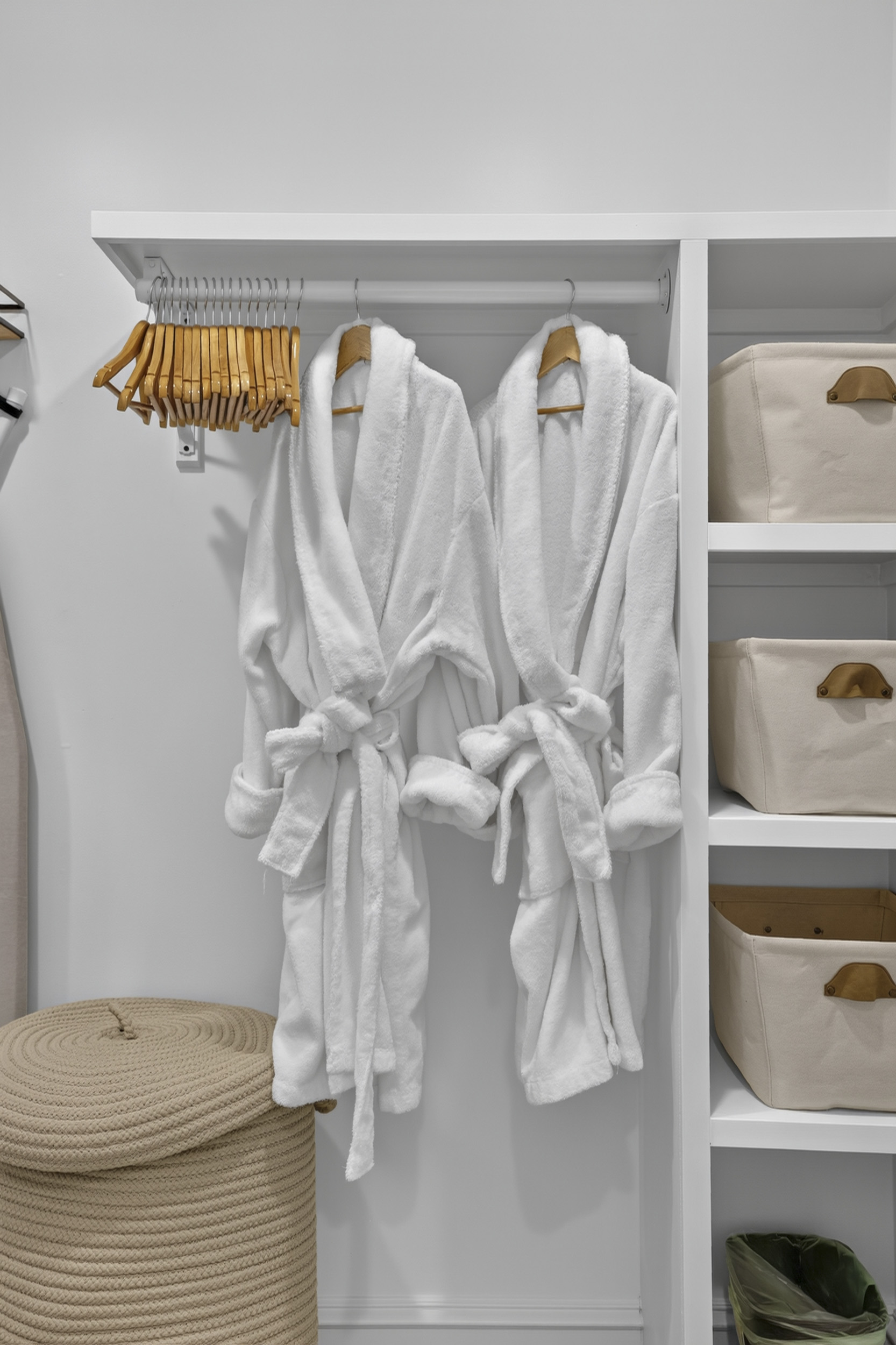 Hotel-style closet with plush robes, organized storage, and a clean modern look
