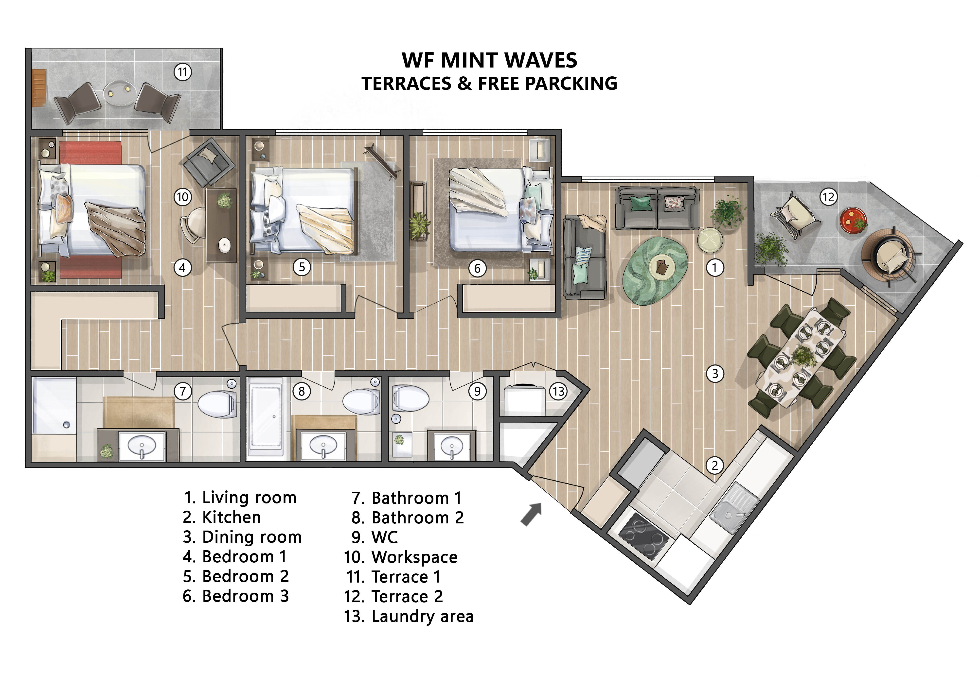 Spacious 3BR layout with 2 terraces, workspace, laundry & free parking