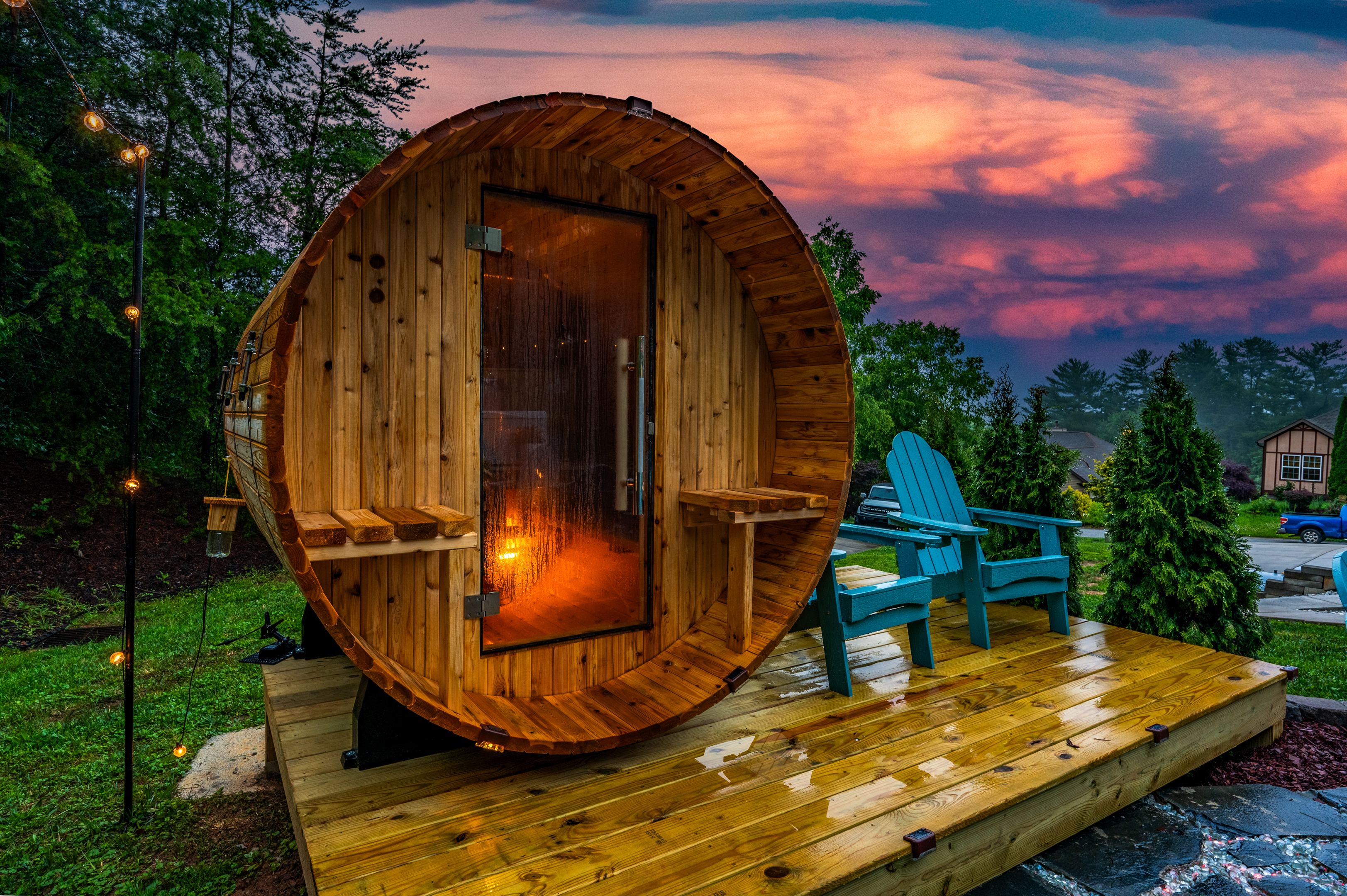 Private barrel sauna with sunset deck views