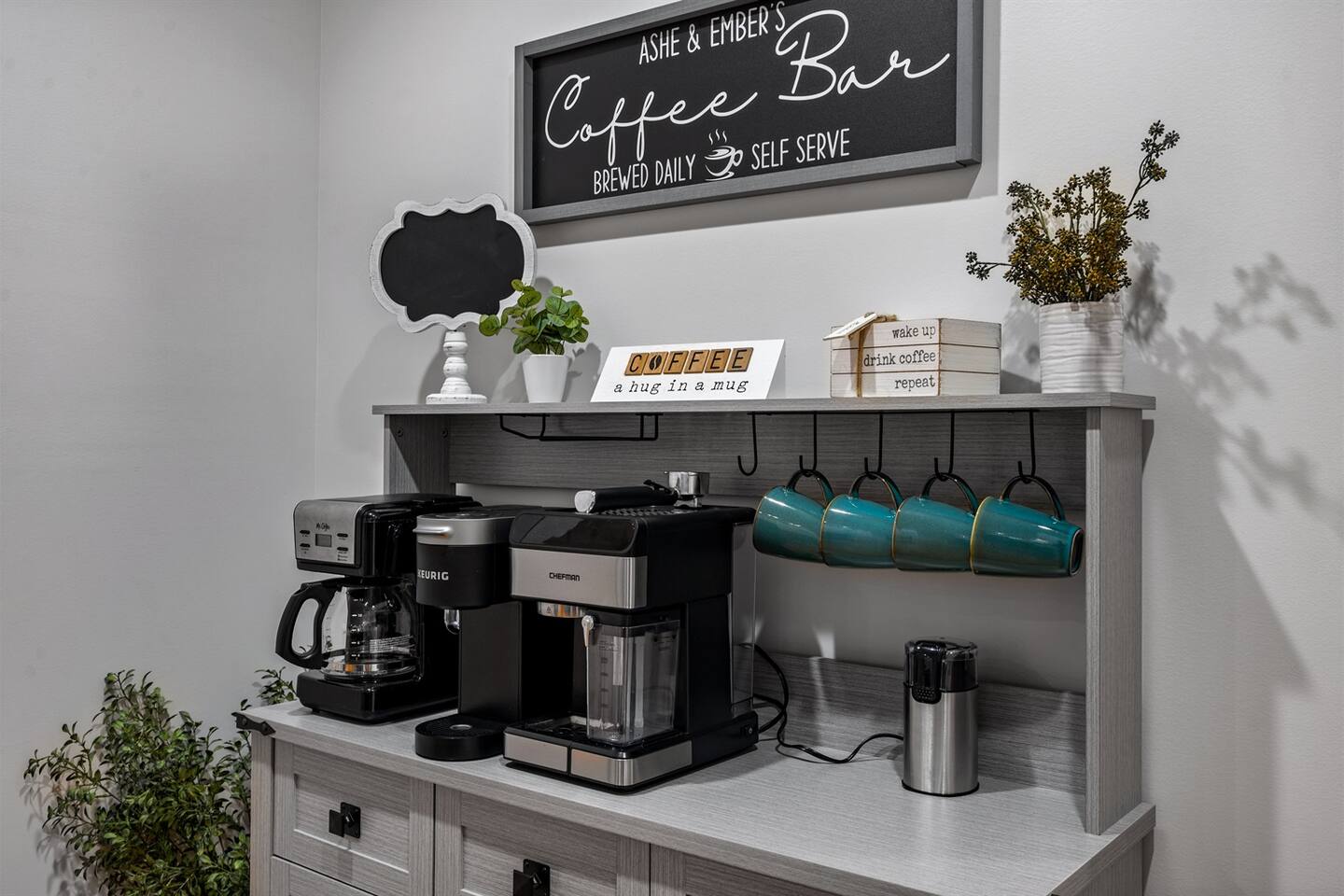 Fully stocked coffee bar with Keurig and espresso