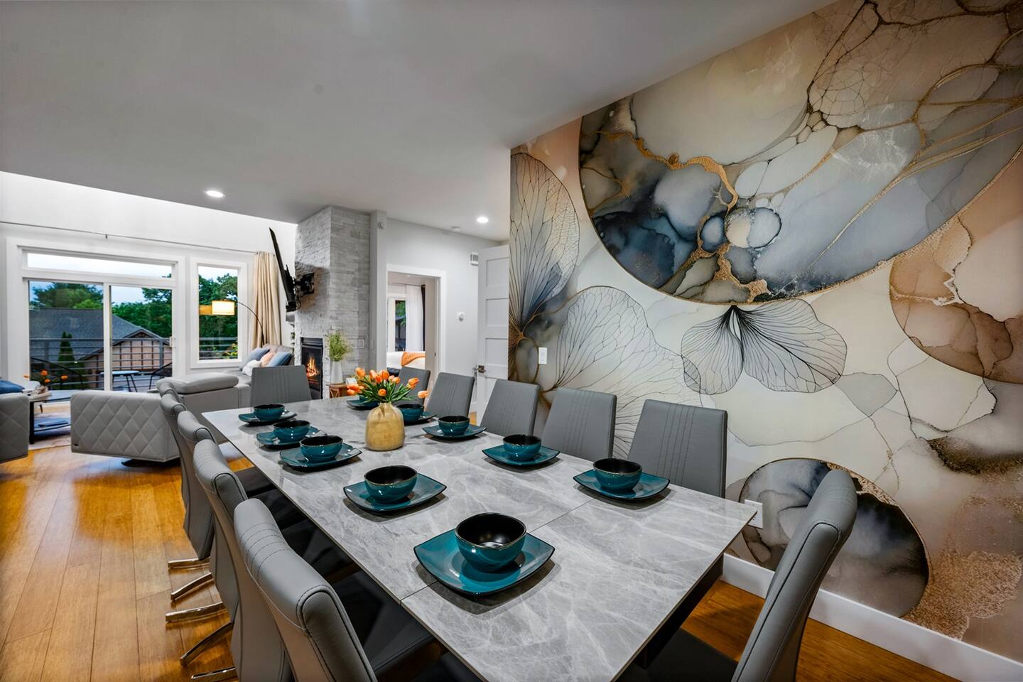 Elegant dining for twelve with island seating