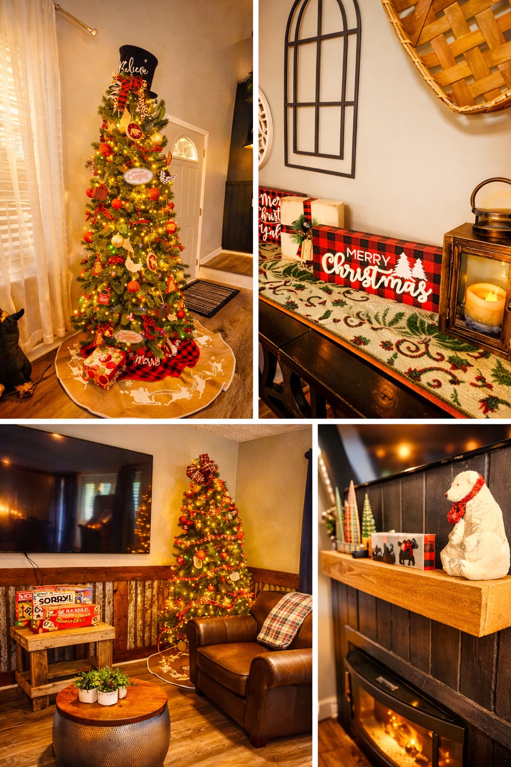 Cozy holiday living room with fireplace, TV, and festive Christmas décor