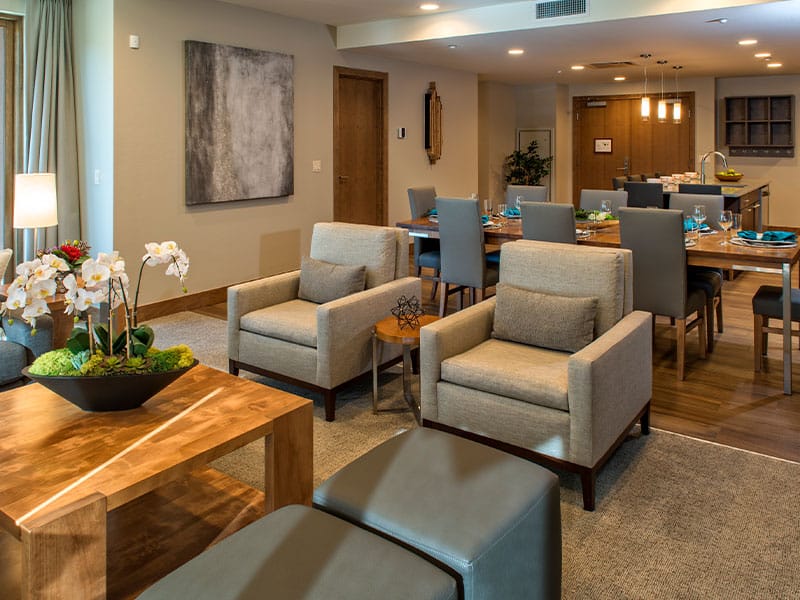 Spacious modern living area with dining for groups and stylish finishes