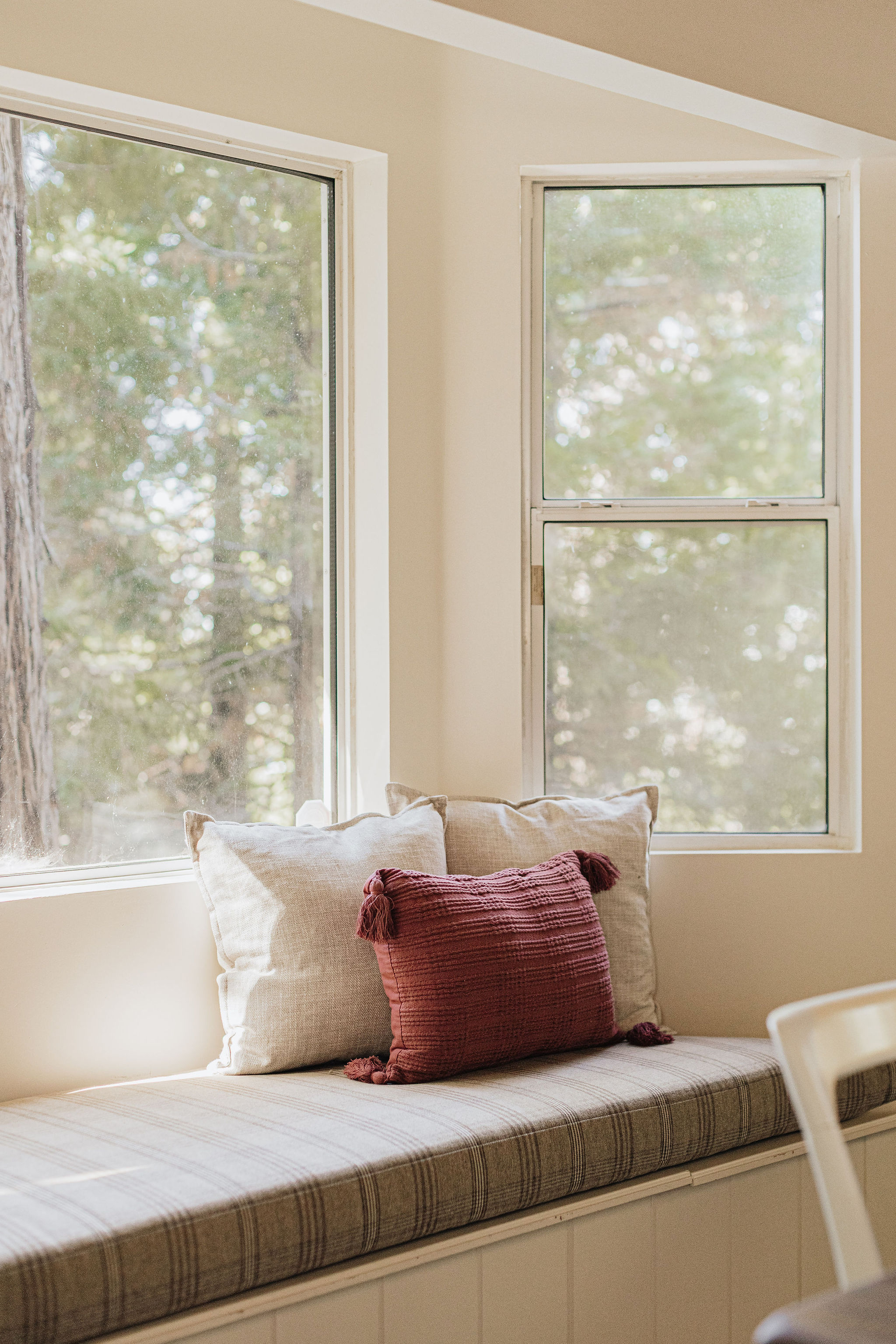 Sunny window seat with cozy cushions and tranquil tree views