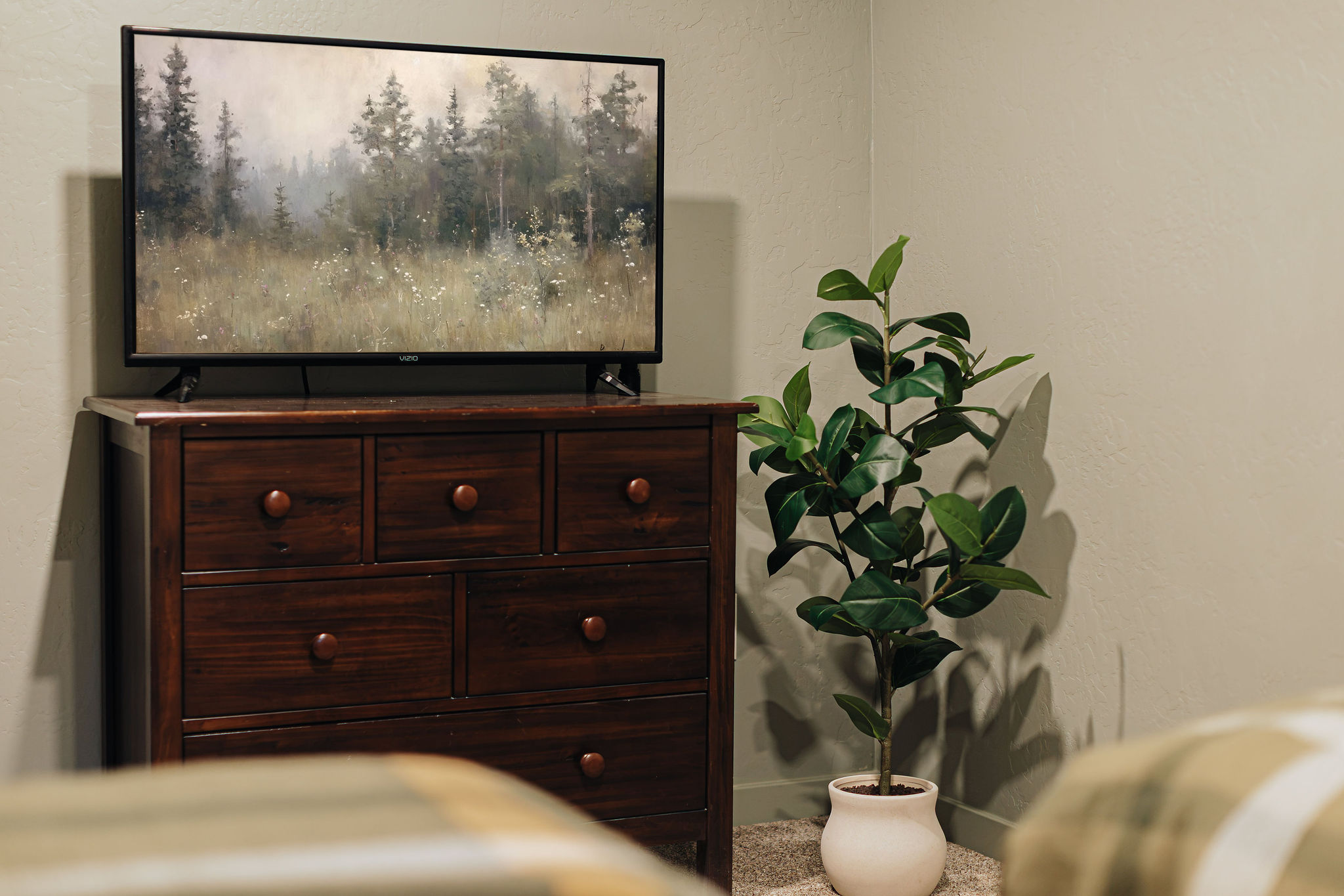 Cozy bedroom setup with TV, dresser storage, and calming decor