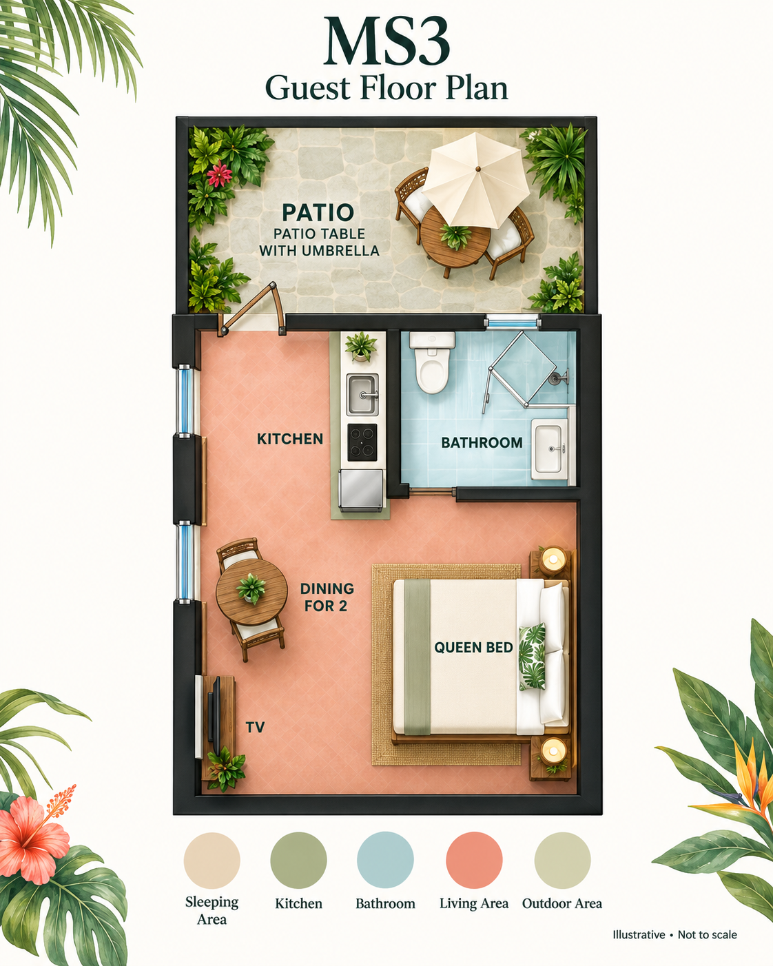 Cozy studio layout with queen bed, full kitchen, bath, and private patio