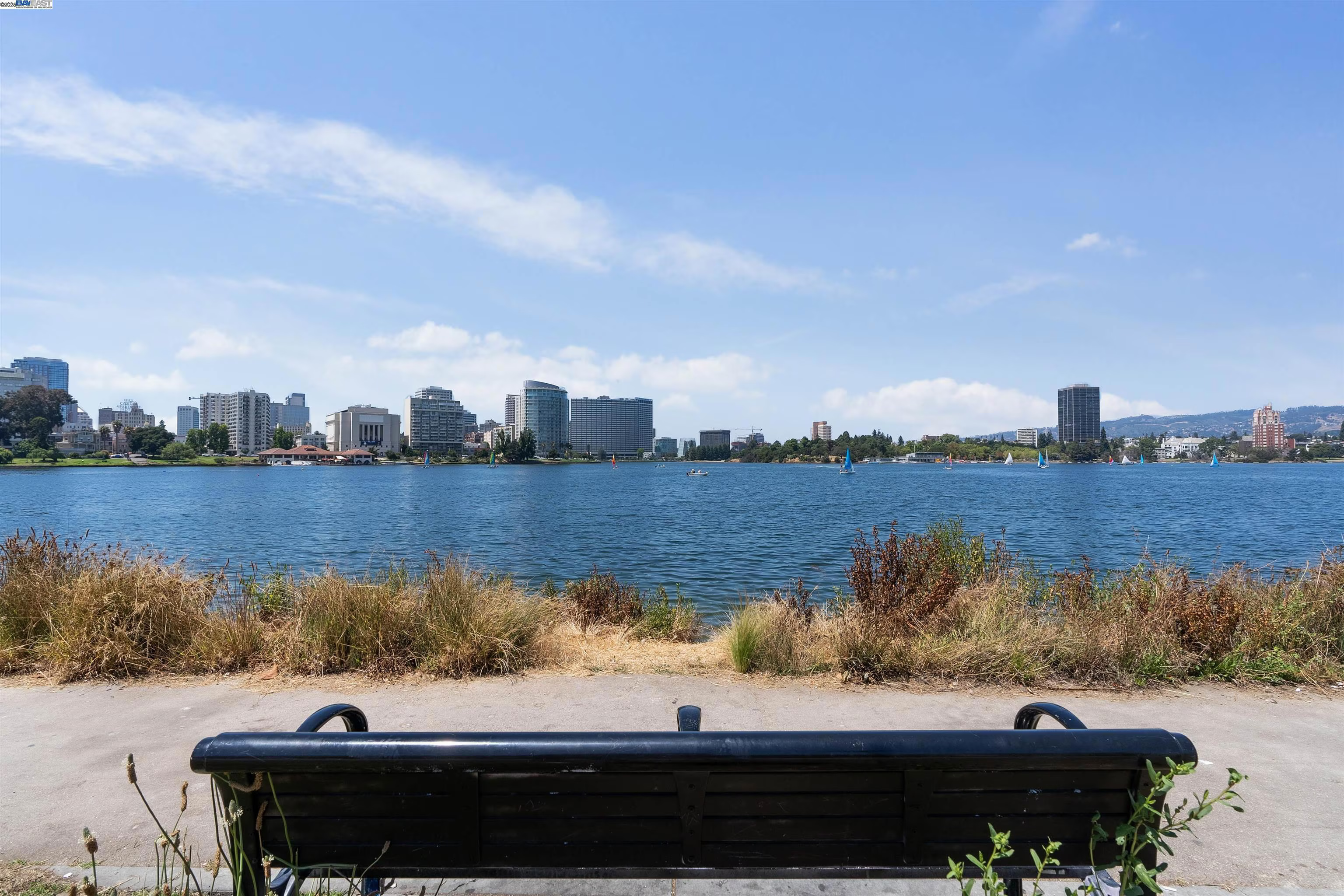 Scenic lakeside bench with skyline views and sailboats nearby