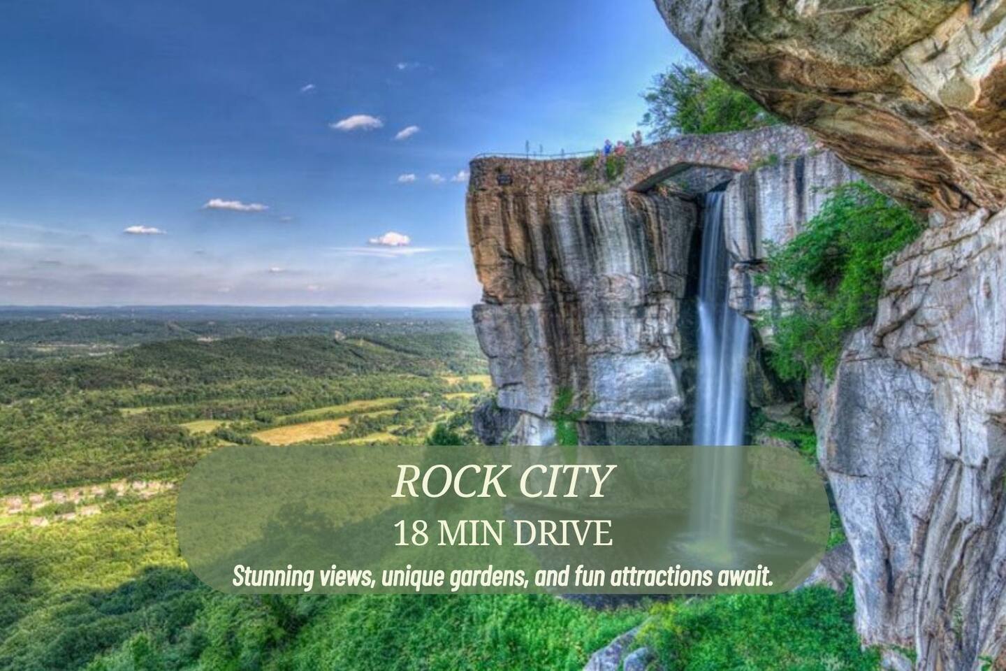 Discover breathtaking views, enchanting gardens, and unique attractions at Rock City, just an 18-minute drive away.