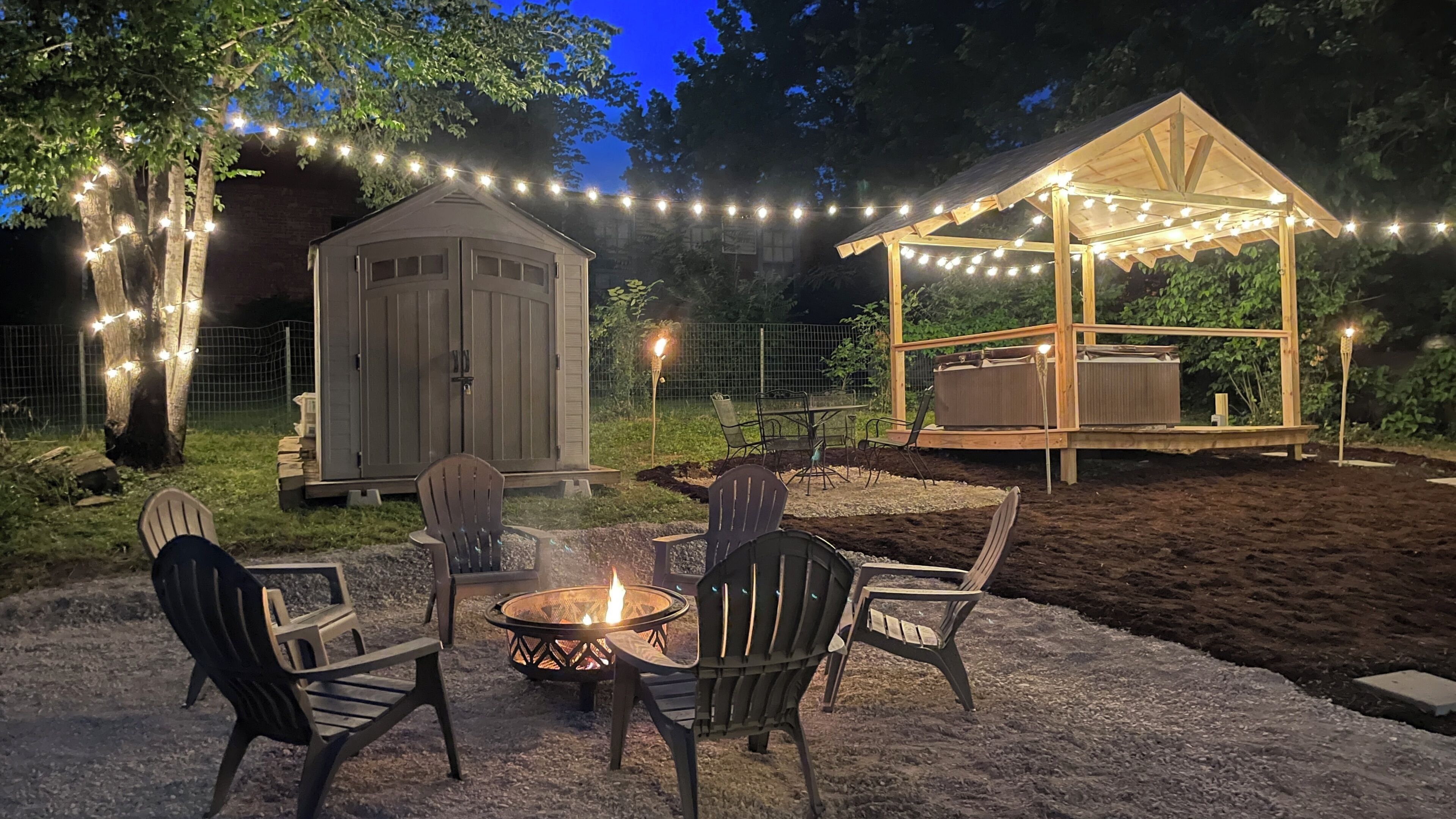 Relax in the 4 person hot tub or enjoy the firepit for 6
