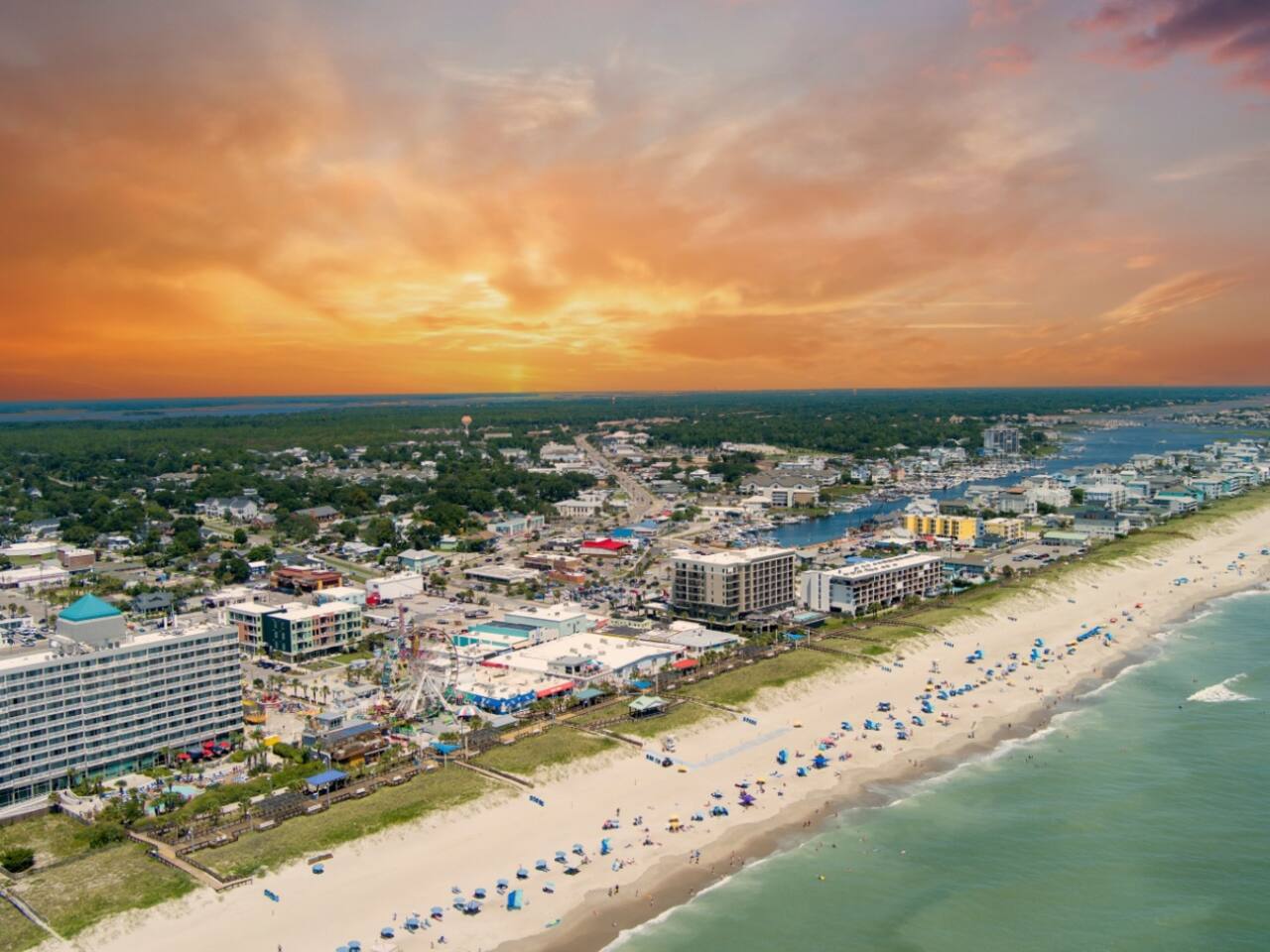 Aerial view of the Boardwalk and our building with the marina in the background.