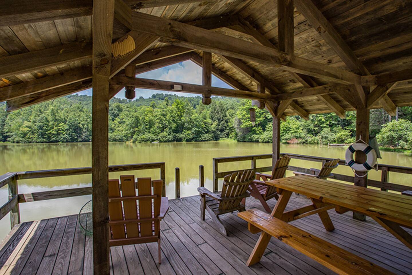 Covered dock for fishing and picnics at nearby Lake George.