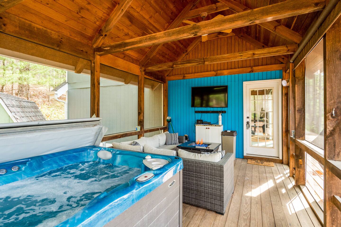 Don't miss the game while you are relaxing. Rain or shine, let the hot water melt away stress and tension.