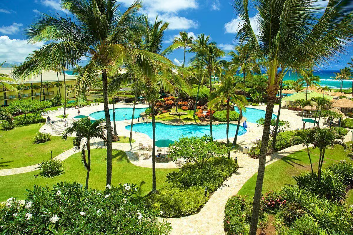 Tropical pool oasis with palm-lined paths and steps from the beach