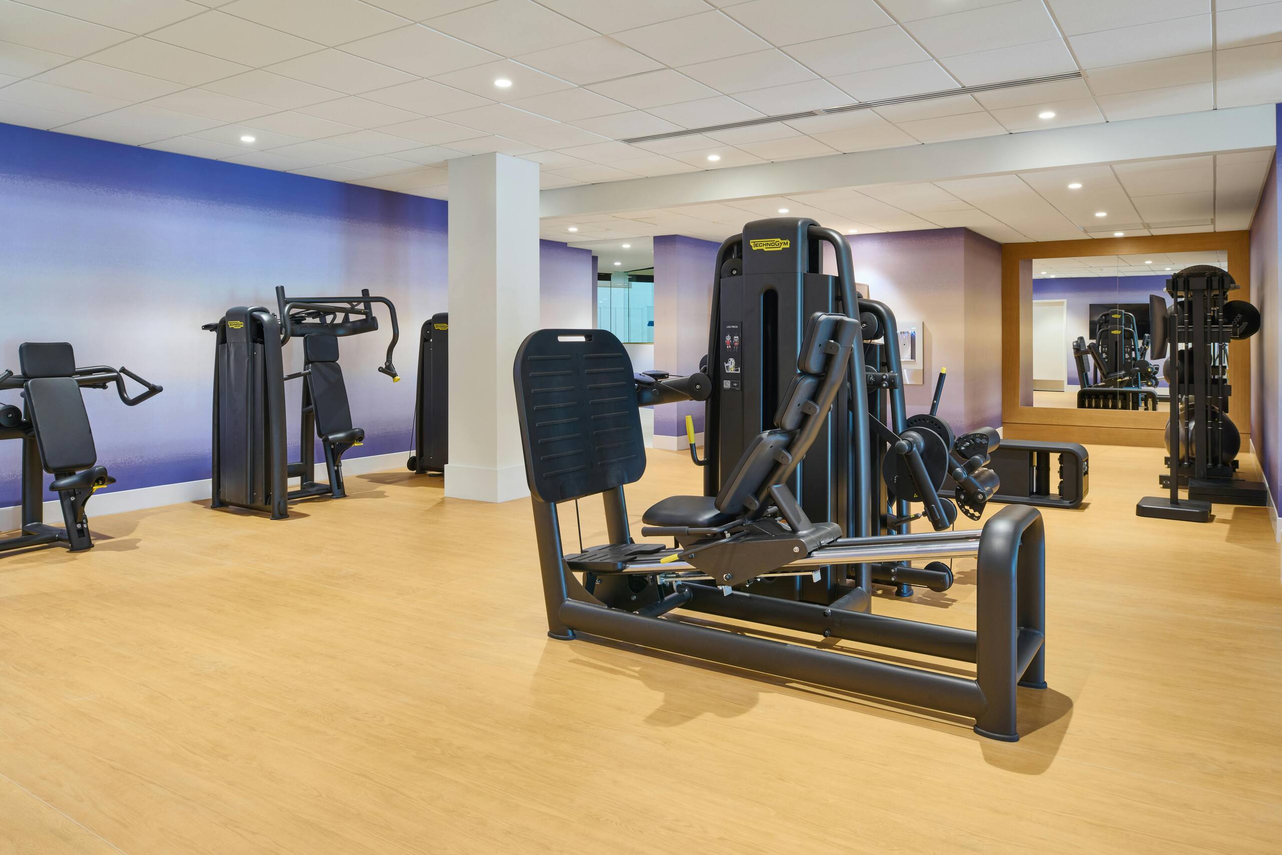 Bright, modern fitness room with multiple strength-training machines