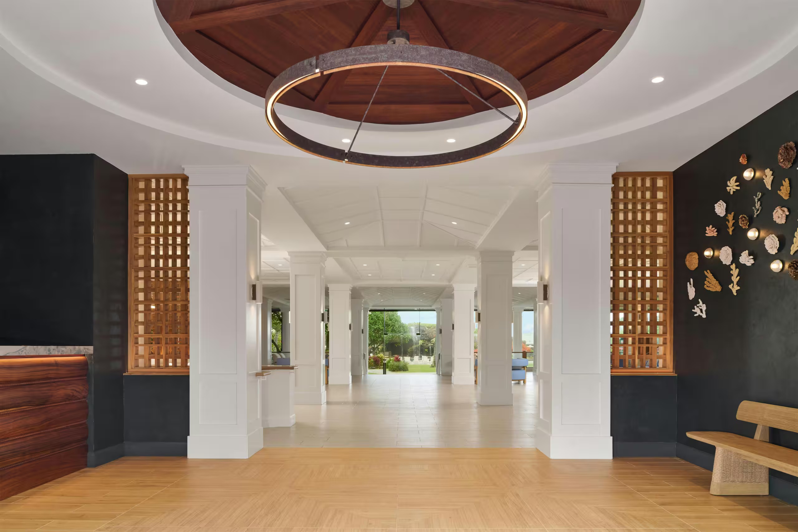 Grand resort-style lobby with designer lighting and airy open views