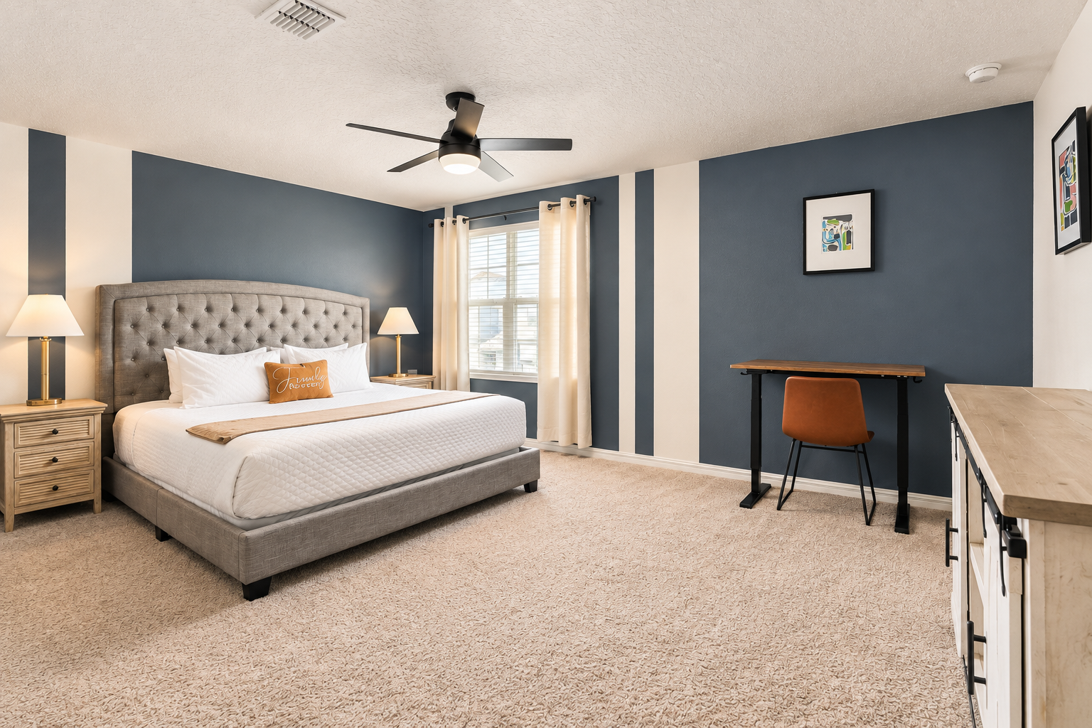 Bedroom 3 -Second Floor Master king bedroom with modern accents and dedicated workspace