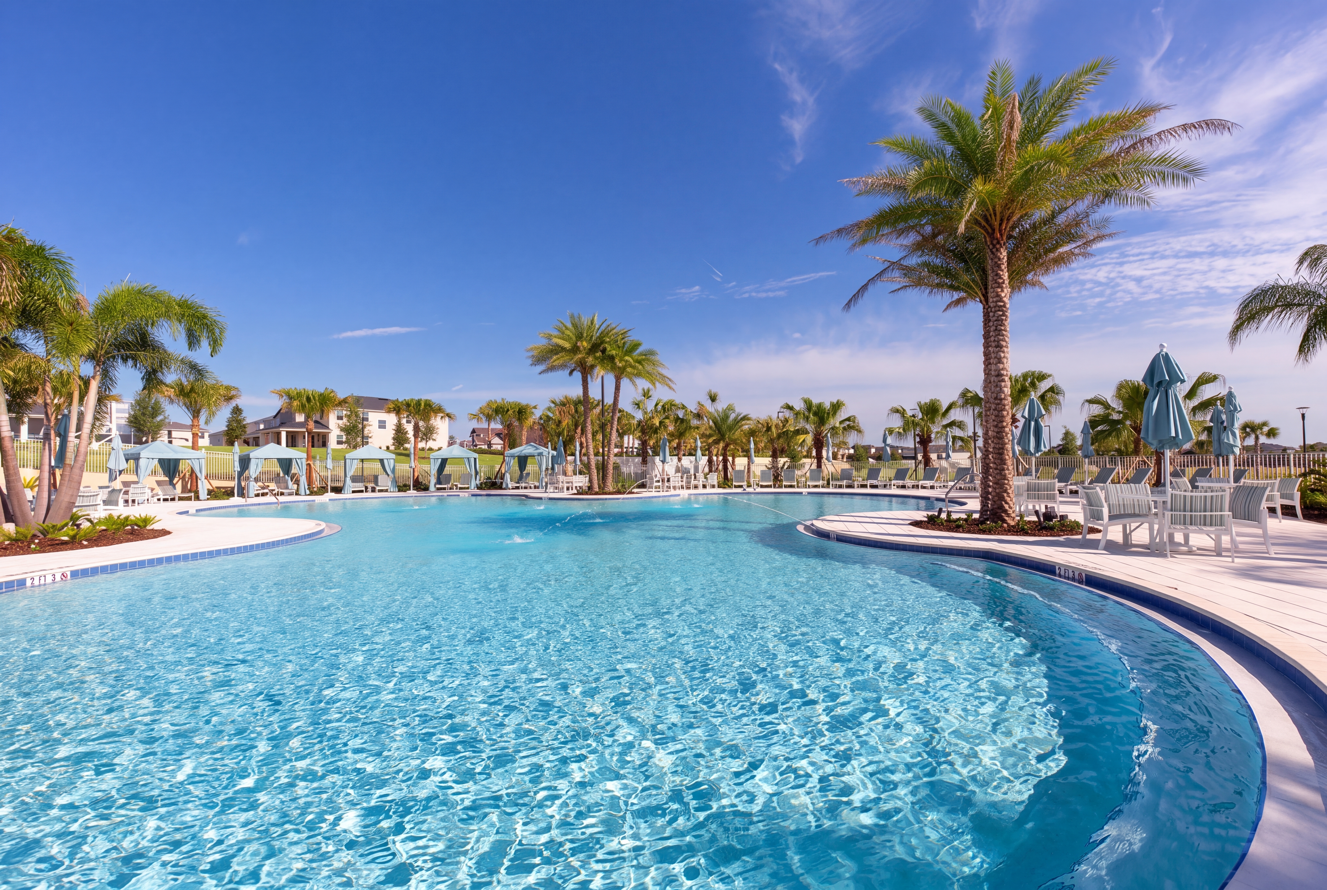 Resort-style pool with palm trees, cabanas, and sunny tropical vibes