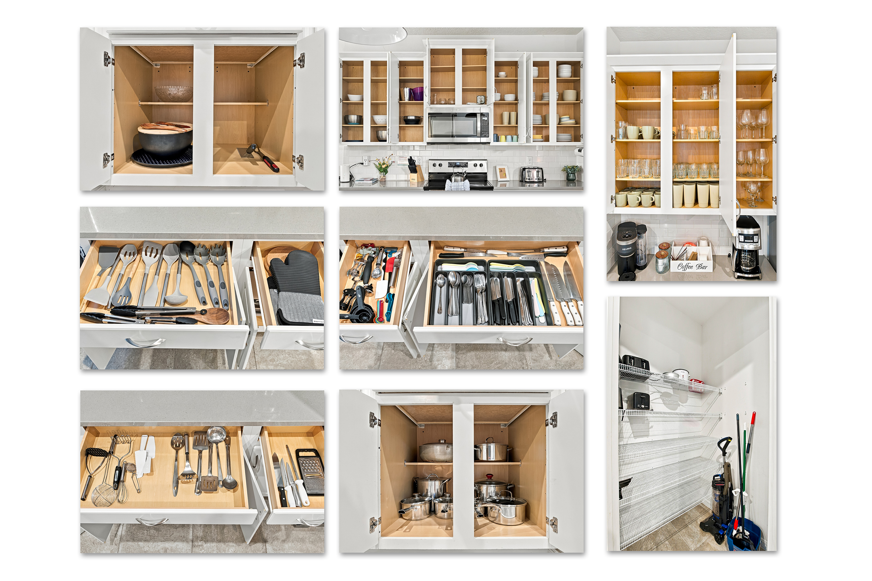 Fully stocked kitchen with cookware, glassware, coffee station, and essentials