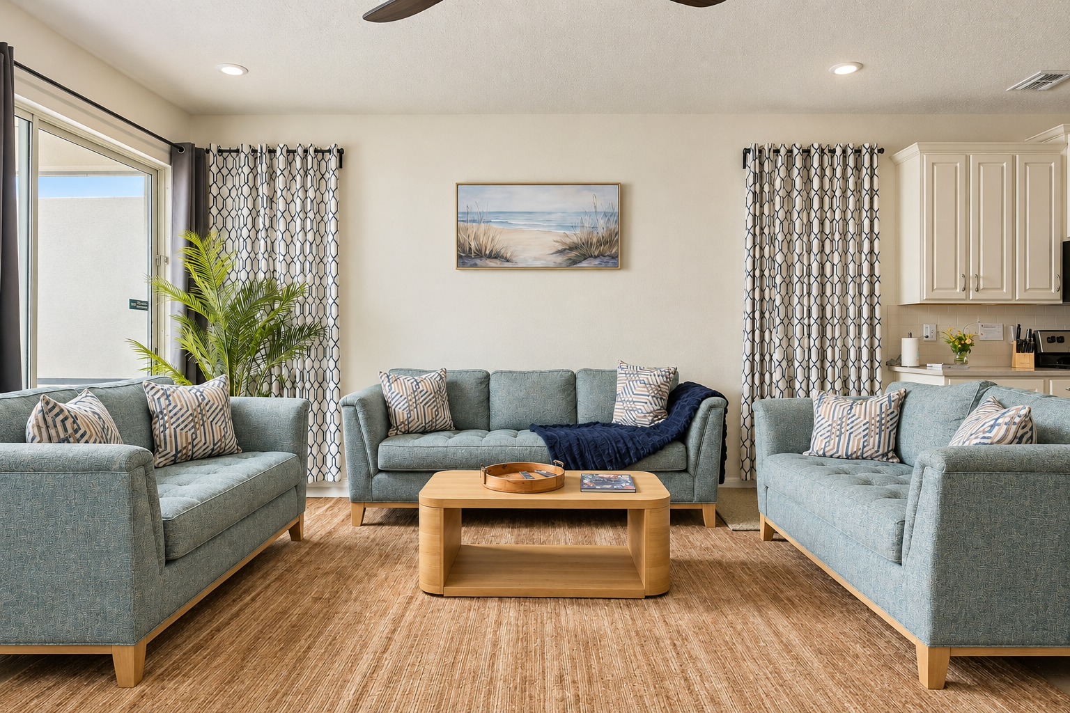 Bright coastal-style living room with stylish seating and open layout