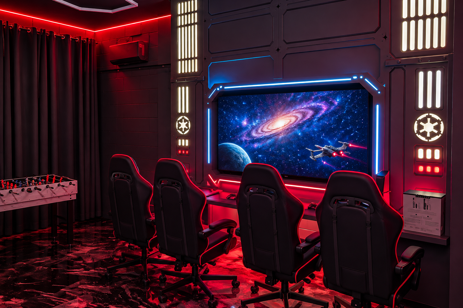 🚀 🌌 Galaxy Game Room: Enter a futuristic gaming command center with 4 racing-style gaming chairs, a massive galaxy display, and immersive red & blue LED lighting. Perfect for gaming, movies, and unforgettable family fun!