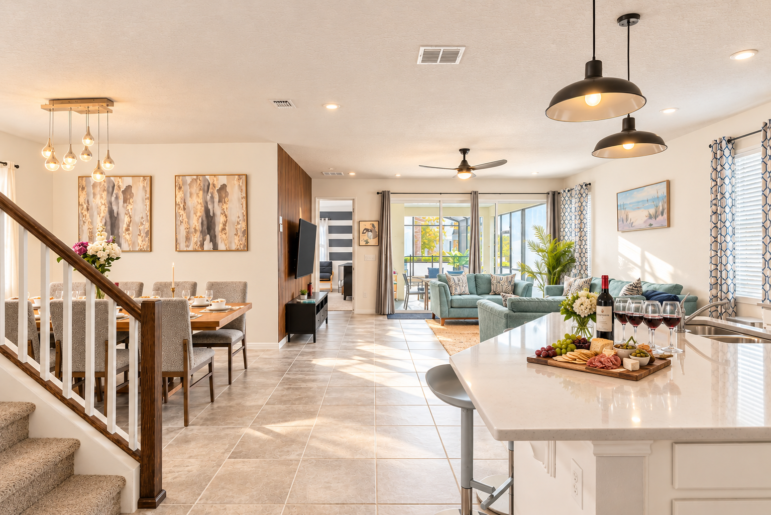 Open-concept layout with a modern kitchen, spacious island, comfortable living room, and elegant dining area. Natural sunlight fills the home, creating a warm and inviting atmosphere.