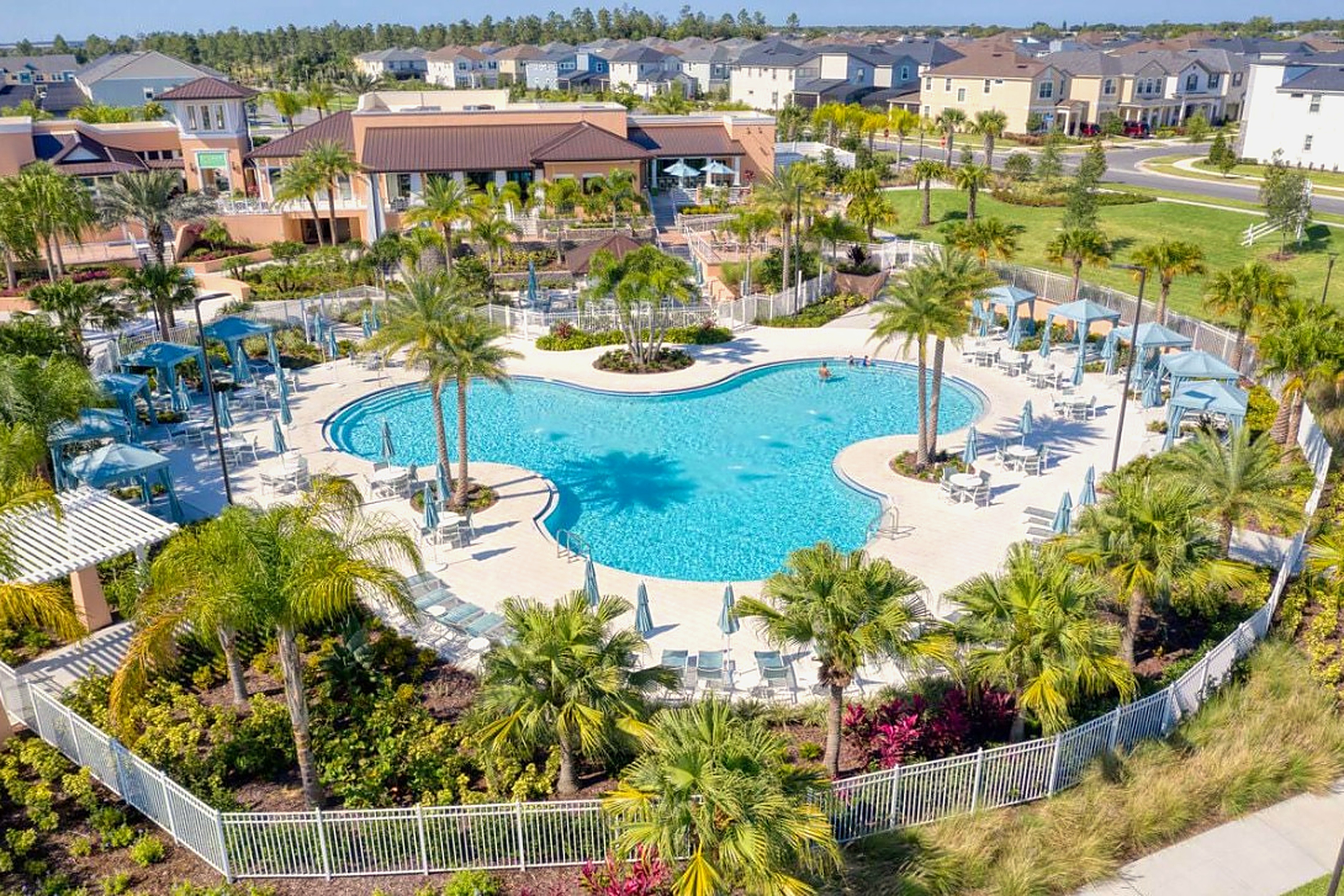 Resort-style pool oasis with palms, loungers, and clubhouse views