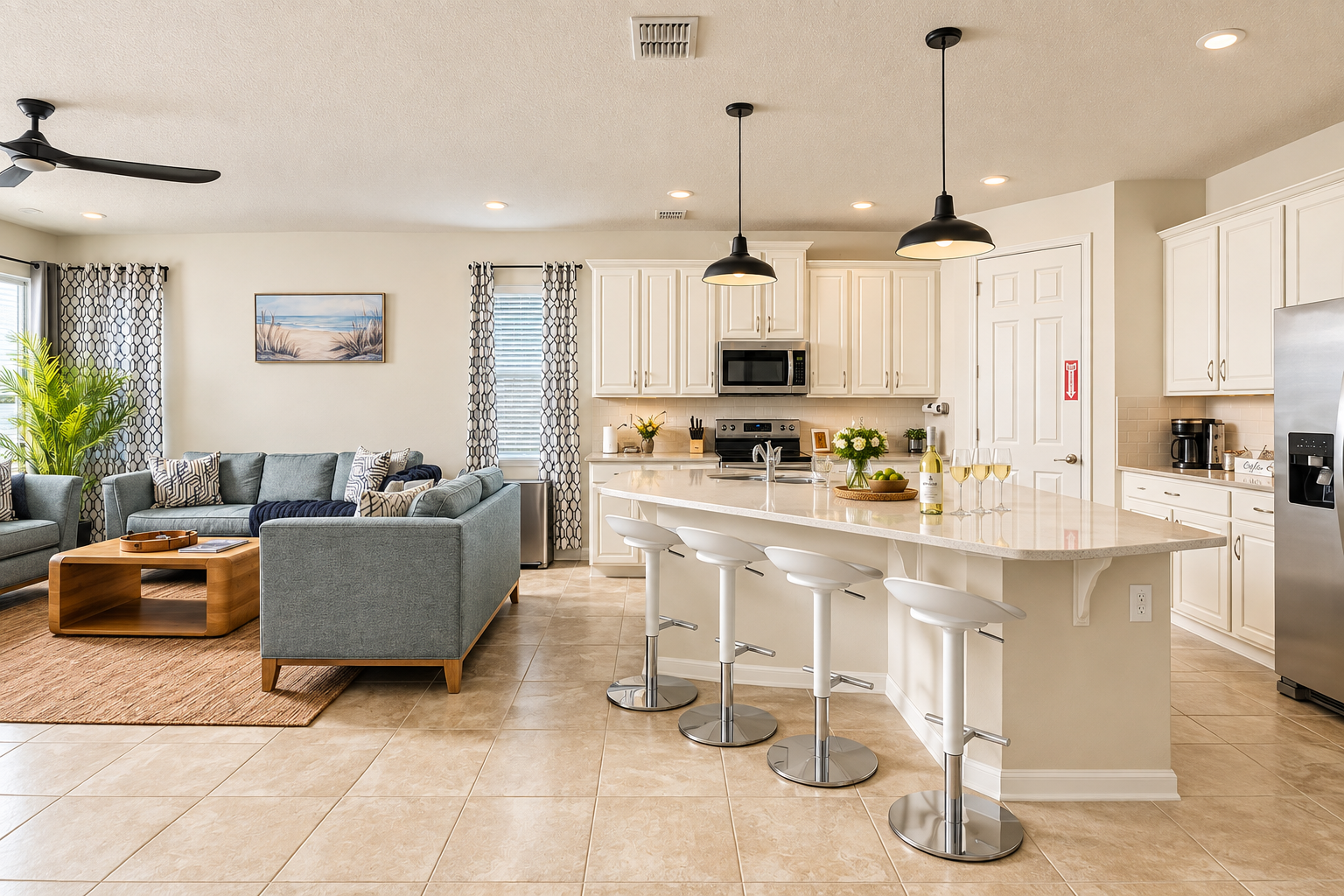 Bright open-concept kitchen and living space with large island seating