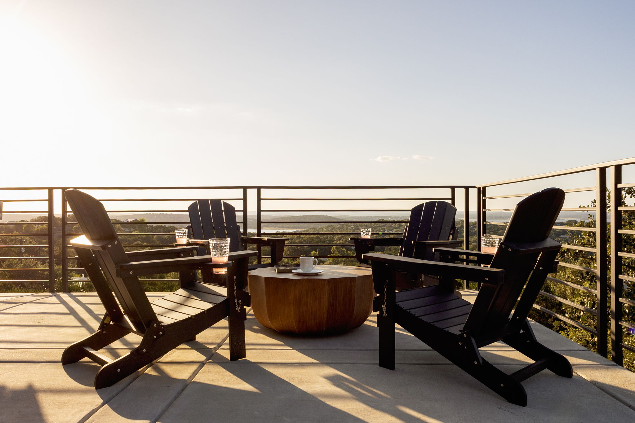 Highland Haven deck chairs facing Canyon Lake
