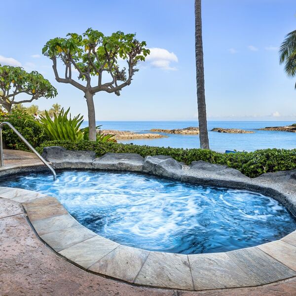 Oceanfront hot tub with tropical views and a serene resort-style setting
