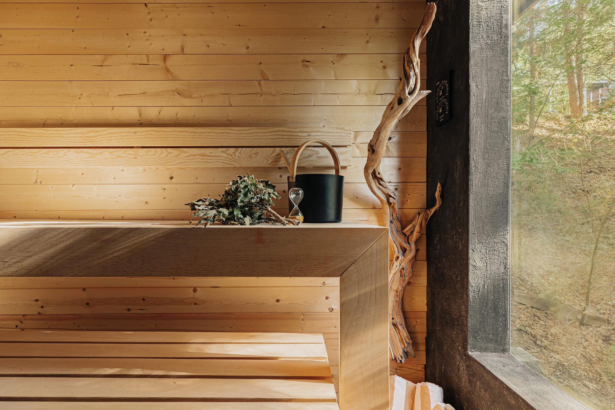 Private cedar sauna with forest views for a relaxing spa-like escape