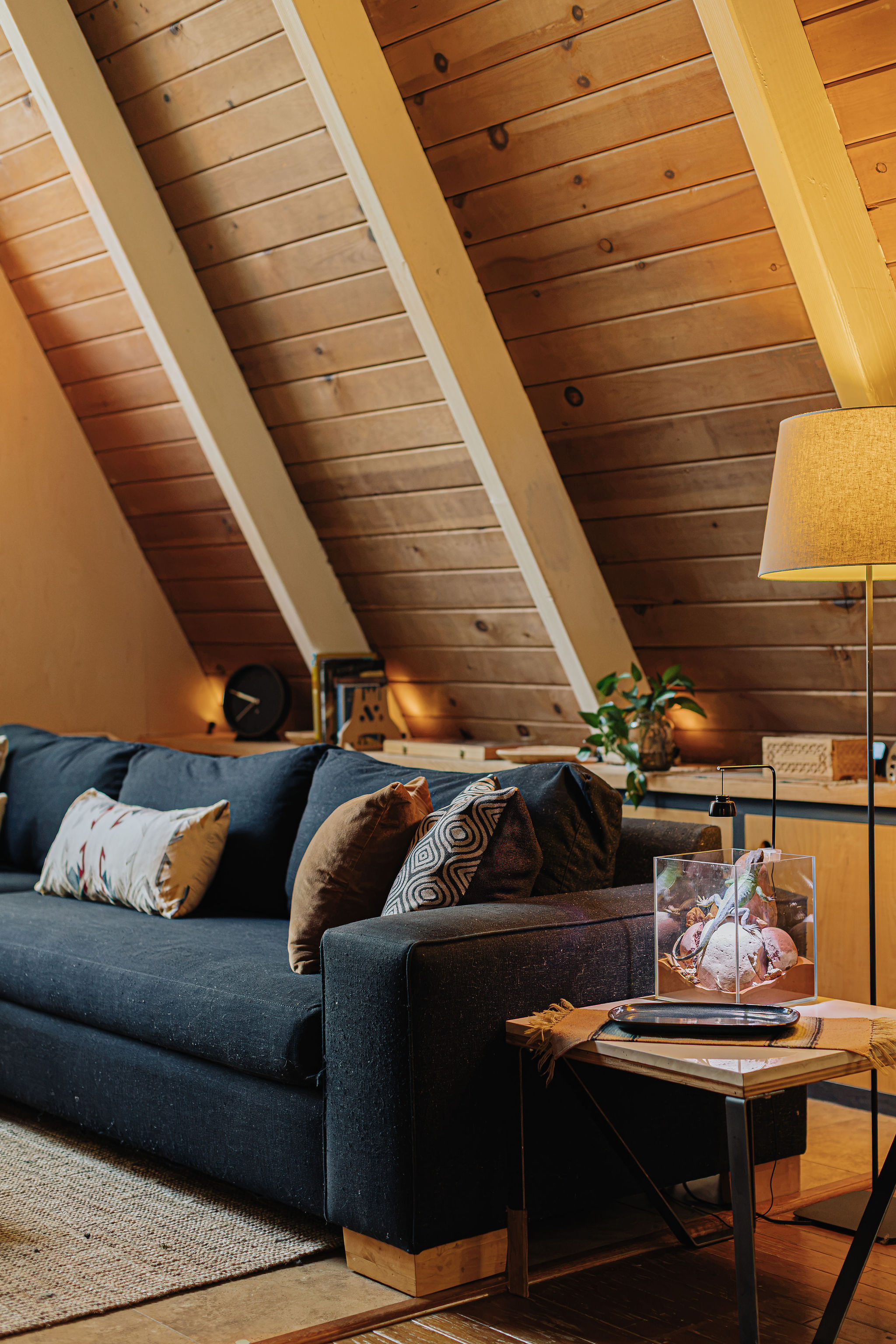 Cozy A-frame lounge with warm wood ceilings and stylish cabin charm