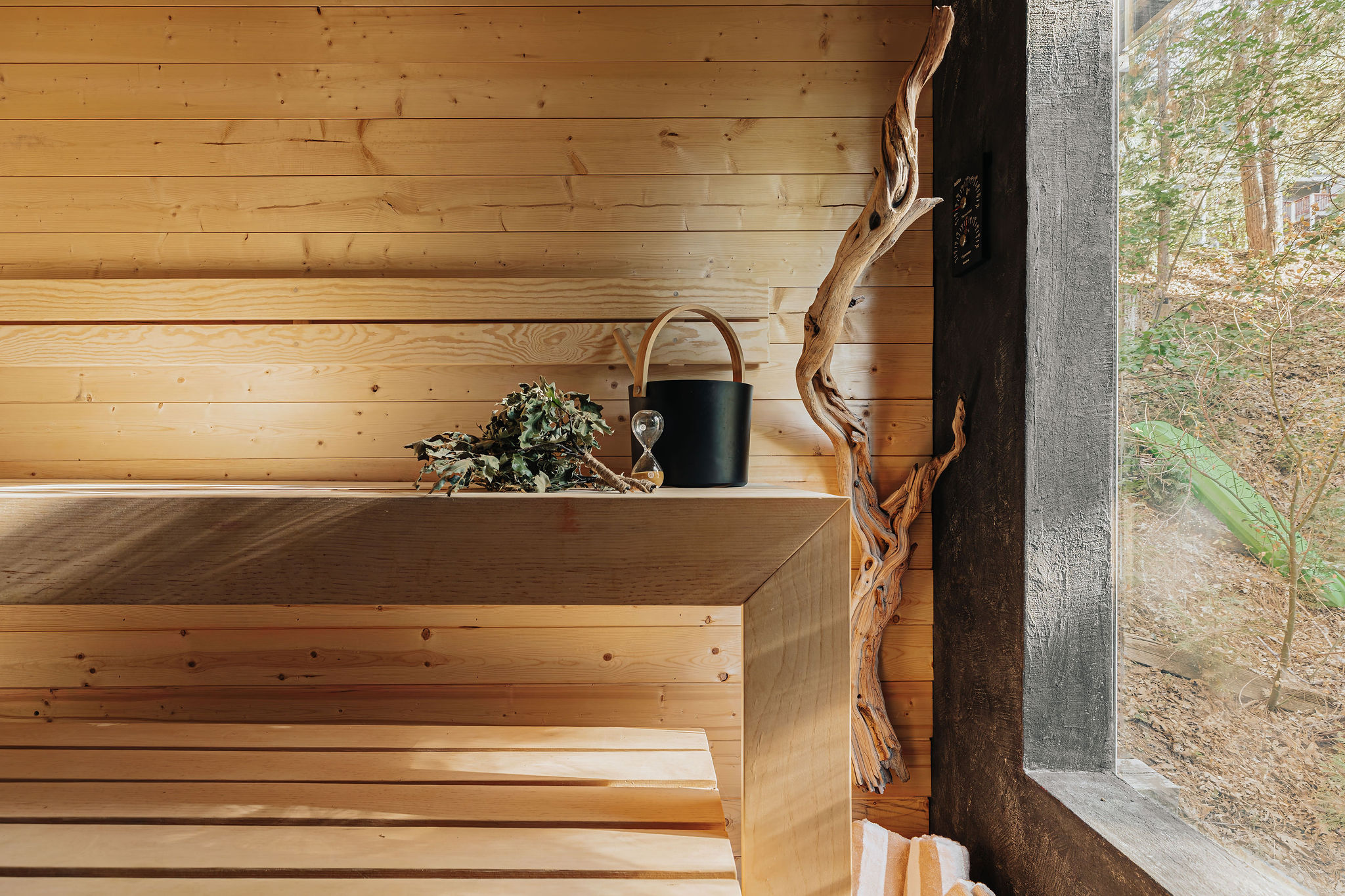 Private cedar sauna with forest views for a relaxing spa-style escape