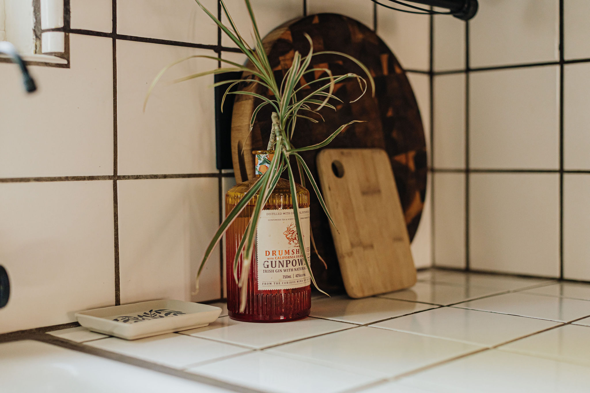 Stylish tiled kitchen corner with warm wood accents and greenery