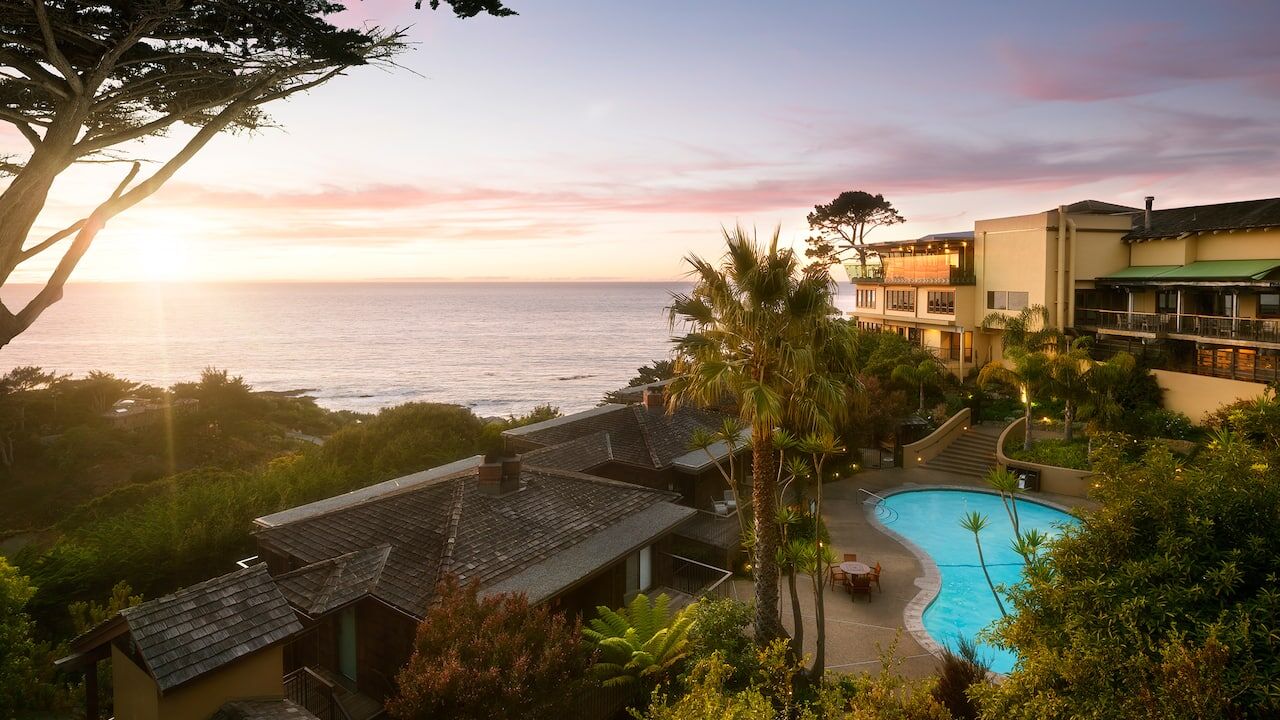 Sunset ocean views and a palm-lined pool in a serene coastal retreat