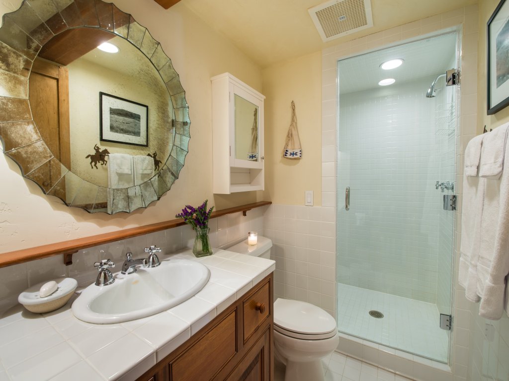 Bright bathroom with glass walk-in shower and stylish rustic accents