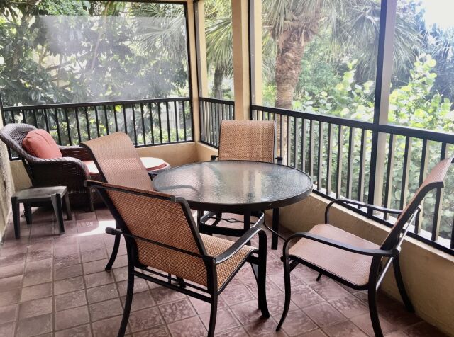 Screened tropical lanai with dining table and peaceful palm views
