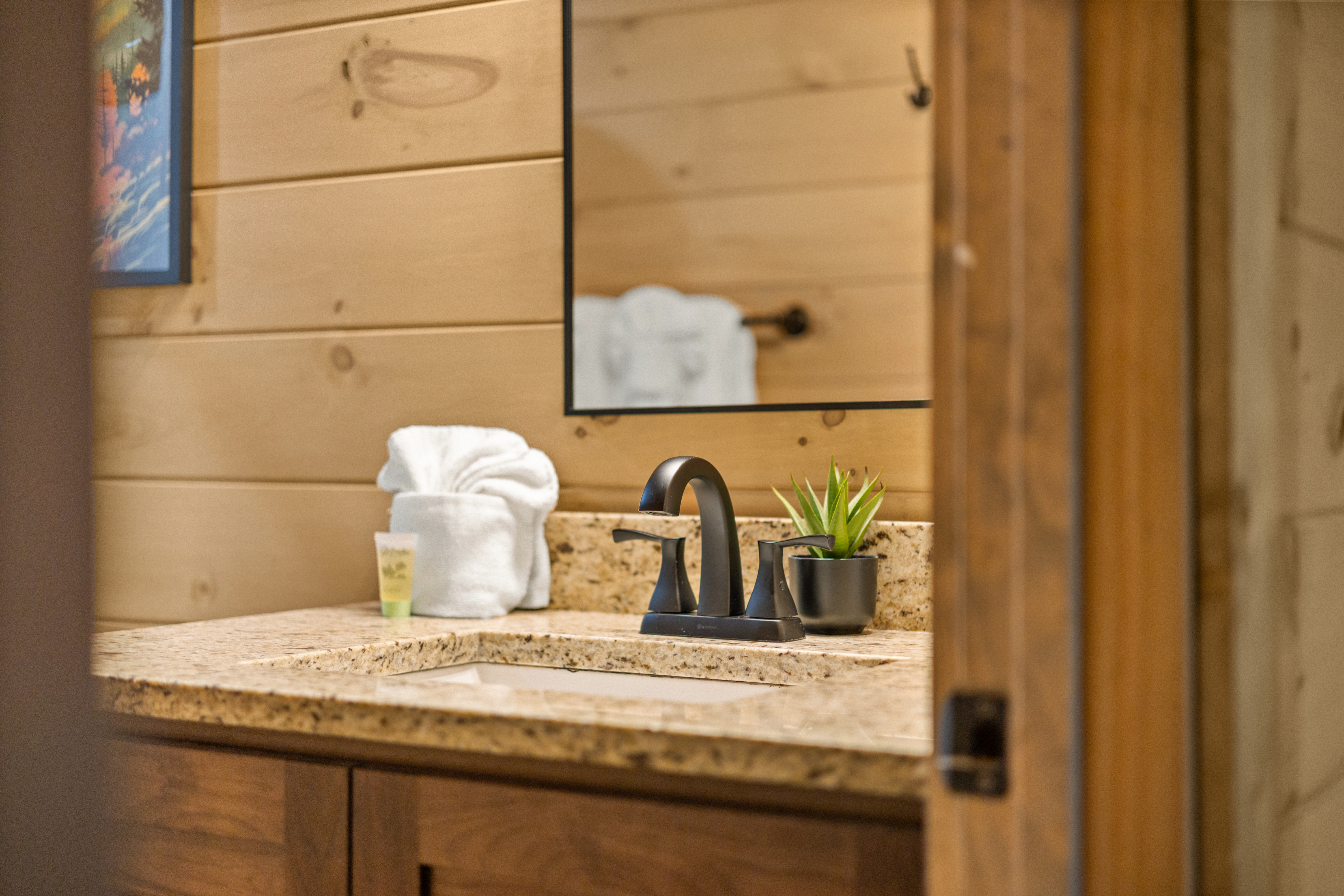 Rustic bathroom vanity with granite counters and warm cabin-style charm